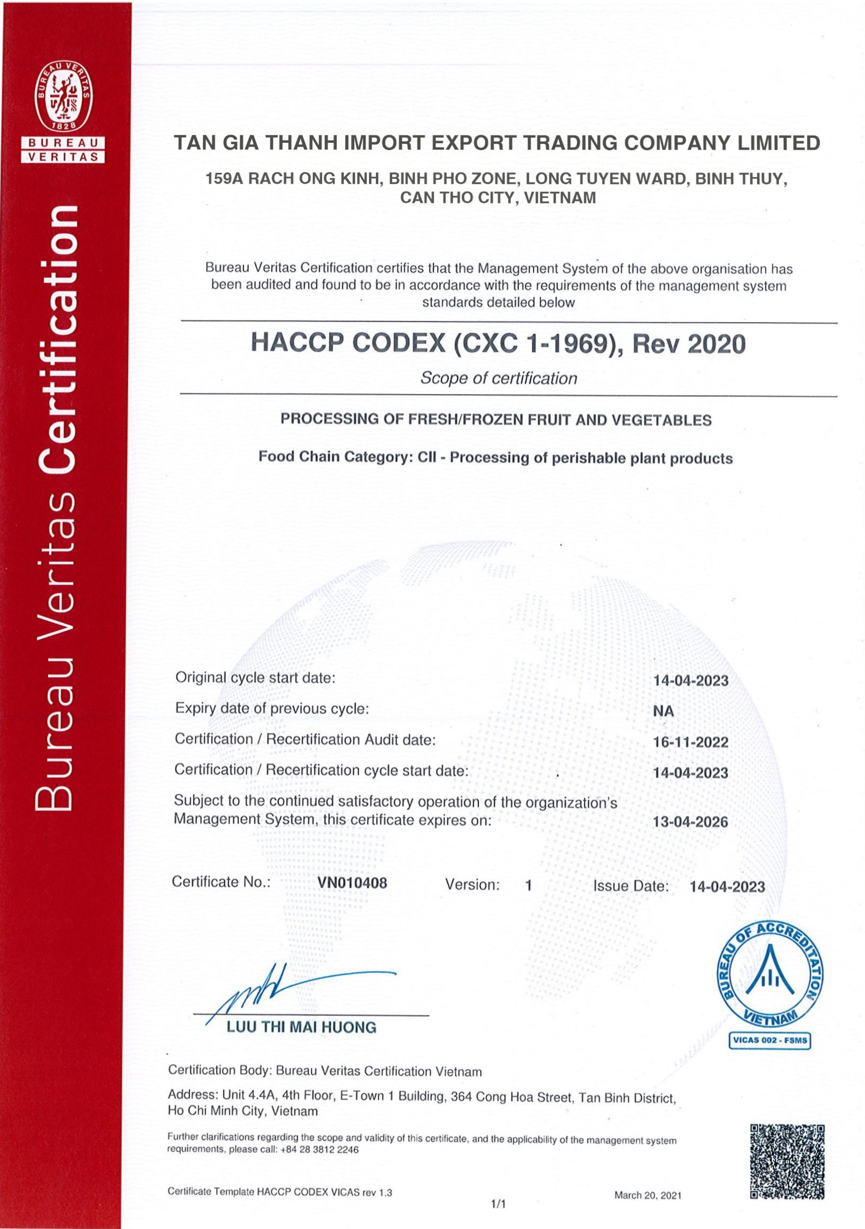 Chứng nhận HACCP của Tân Gia Thành