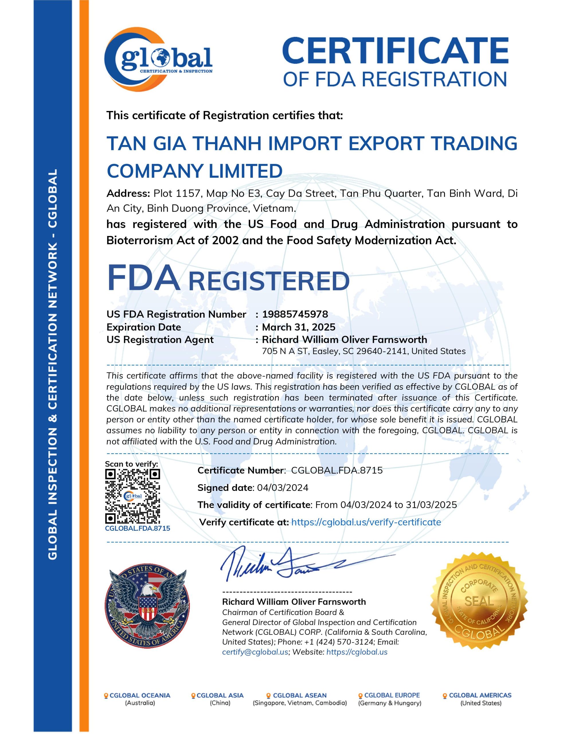 Chứng nhận FDA của Công ty TNHH TM XNK Tân Gia Thành